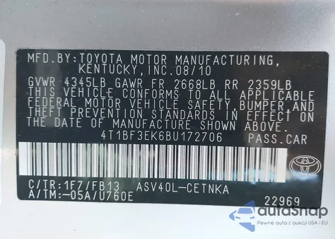 2011 Toyota Camry Le из США, поврежденный, VIN 4T1BF3EK6BU172706